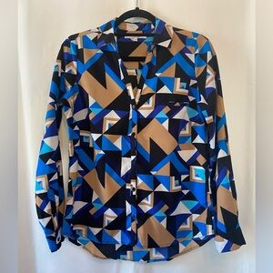 Women's Art Deco Bohemian Maximalist V-Neck Button Front Blouse Oversized XS